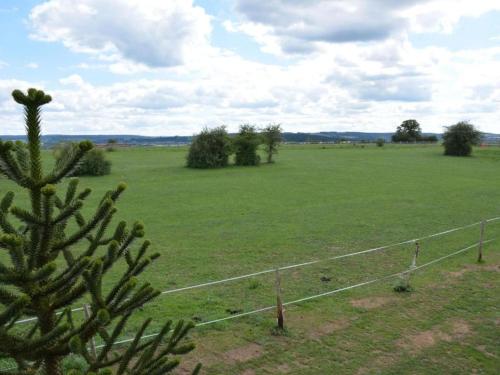a large green field with a fence in the foreground at Gite with swimming pool situated in wonderful castle grounds in Gesves in Gesves