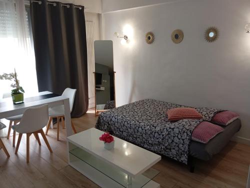 Un dormitorio con una cama, una mesa y un escritorio. en Appartement proche Tour Eiffel, en París