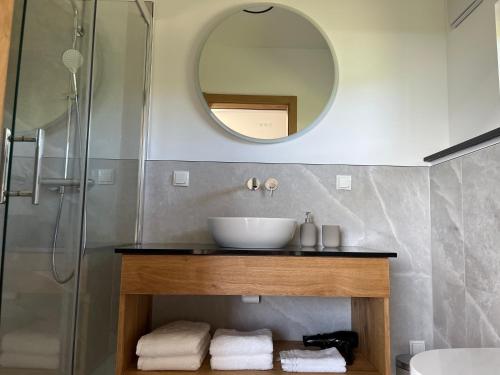 a bathroom with a sink and a mirror at Weinloft Gamlitz in Gamlitz