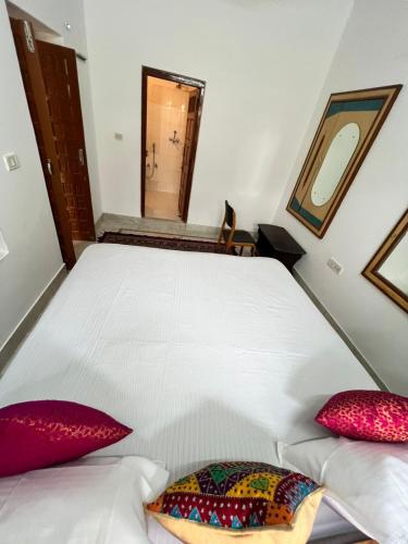 a bedroom with a large white bed with red pillows at Golden villa in Jaisalmer