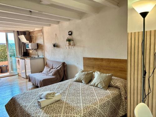 una camera da letto con un letto e un divano in una stanza di Apartament CORBATERA CIM apartaments a Cornudella de Montsant