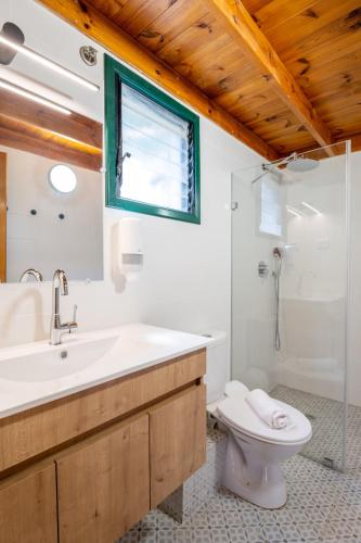 a bathroom with a sink and a toilet and a window at Kibbutz Kfar Masaryk Country Lodging in Kefar-Massariq