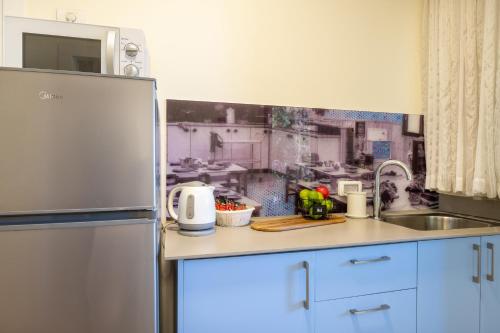 a kitchen with a refrigerator and a sink at Kibbutz Kfar Masaryk Country Lodging in Kefar-Massariq