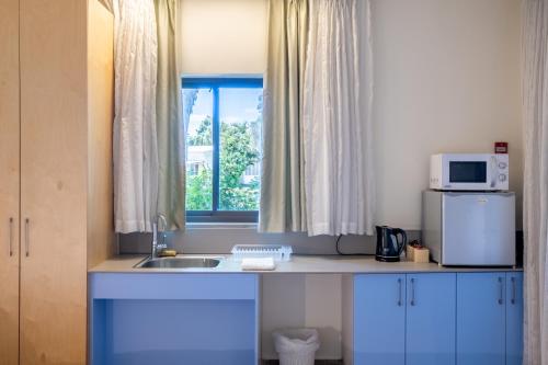 a kitchen with a sink and a microwave and a window at Kibbutz Kfar Masaryk Country Lodging in Kefar-Massariq