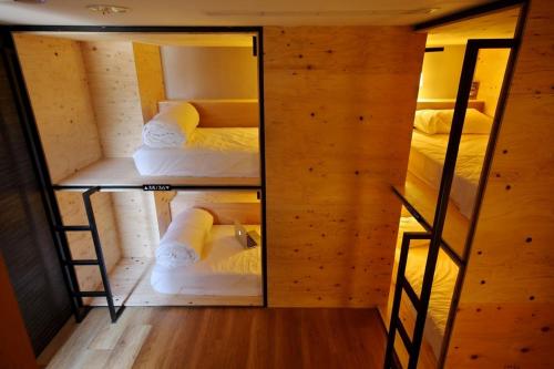 a small room with three bunk beds in it at Mini West Hotel in Taichung