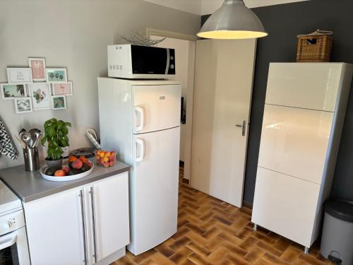 a kitchen with a white refrigerator and a microwave at Le clos Gaya in Correns