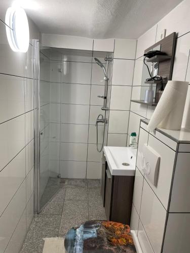 a bathroom with a shower and a sink at Kleinzimmer in Rüdesheim am Rhein