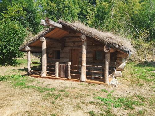 a small log cabin with a grass roof at cabane de trappeur in Belvèze