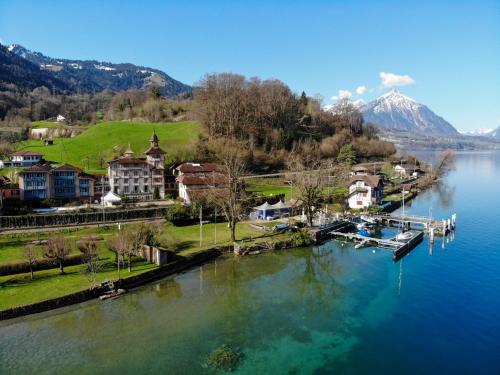 une vue aérienne d'une ville sur une rivière avec des montagnes dans l'établissement Hotel Du Lac - Self Check-in, à Därligen