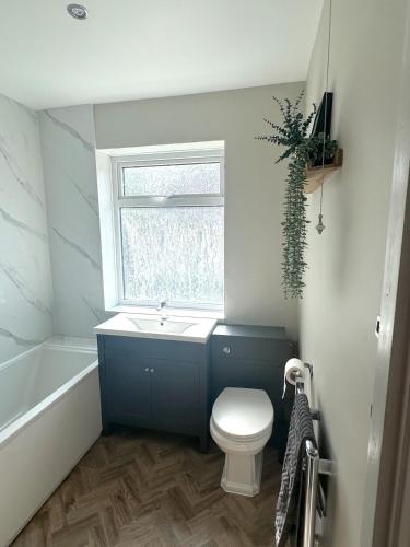 a bathroom with a toilet and a sink and a window at Recently renovated 3 bed home in Southampton