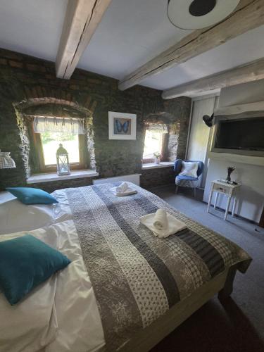 a bedroom with a large bed and two windows at Nowa Prowansja 