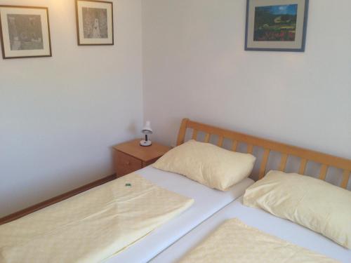 two beds in a bedroom with two pillows on them at Gästehaus Haider in Illmitz