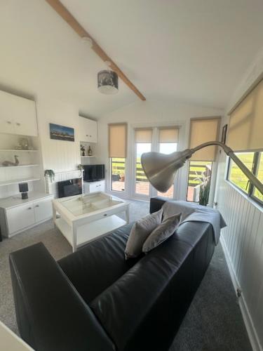 a living room with a black couch and a lamp at Bowmore 7 - Stunning Sea Views, Farm Stay in Stranraer