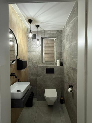 a bathroom with a white toilet and a sink at Pokoje Gościnne A i M Dendys in Korbielów
