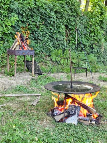 a fire with a metal table and a fire pit at Căsuțele bucuriei in Pucioasa