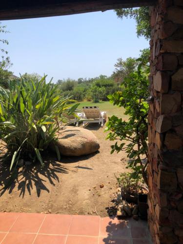 a view of a garden with a bench and some plants at Villetta Simius Luxury in Simius