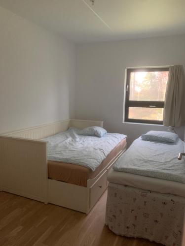 a bedroom with two beds and a window at Peer Gynts vei 77 in Moss