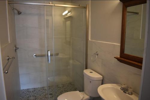 a bathroom with a shower and a toilet and a sink at Tannersville Village Rooms on Saw Mill Creek in Tannersville