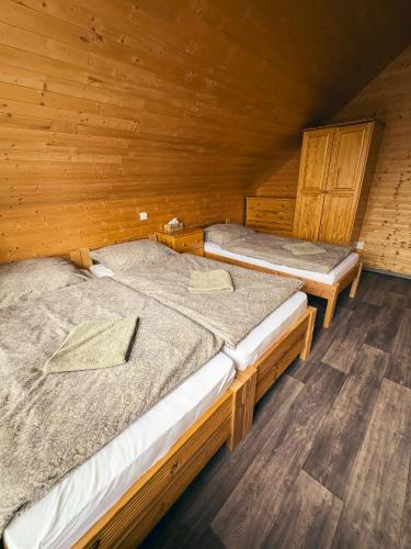 two beds in a room with wooden walls at TEVA Lipno 131 in Lipno nad Vltavou
