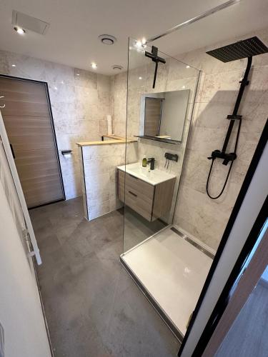 un bagno con doccia e lavandino di Appartement T3 centre Saint donat a Saint-Donat-sur-lʼHerbasse