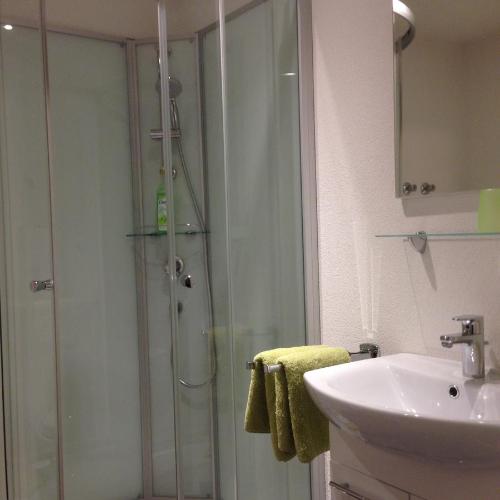 a bathroom with a shower and a sink at Landhaus Goldenes Kreuz in Leutkirch im Allgäu
