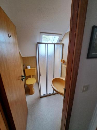 a small bathroom with a toilet and a sink at Landhaus in Bad Berleburg