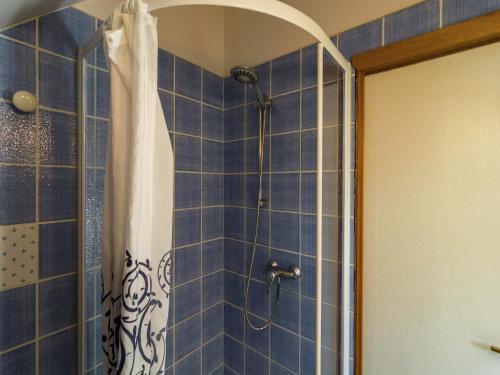 a shower in a bathroom with a blue tiled wall at Peaceful Fontenelle Farmhouse in Walcourt