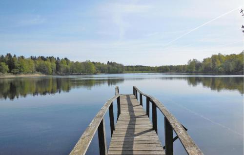 a wooden bridge over a large lake with trees at Three-Bedroom Holiday Home Brösarp With A Fireplace 05 in Brösarp