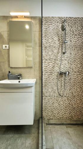 a bathroom with a sink and a shower with a mirror at Timisoara Prime Residence - powered by NEO - private parking in Timişoara