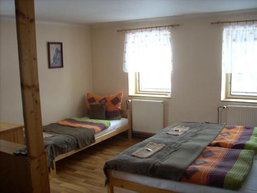 a bedroom with two beds and two windows at Penzion U Račáku in Frymburk