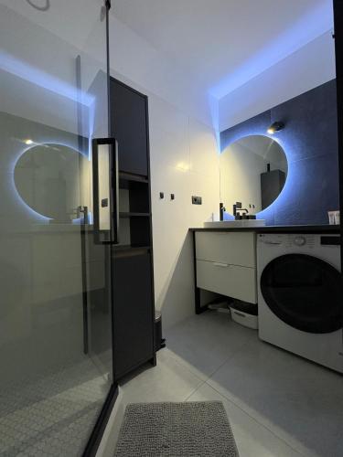 a bathroom with a sink and a washing machine at Apartmán Pod Hvězdami in Přímětice