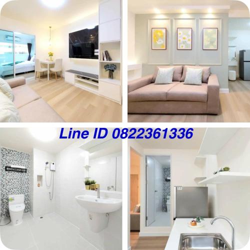 a collage of four pictures of a living room at Impact poppula P1 by เจี๊ยบ in Thung Si Kan