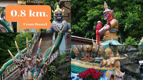 two pictures of a statue in front of a building at Comfort Hostel Phuket Old Town by MaTong in Phuket Town