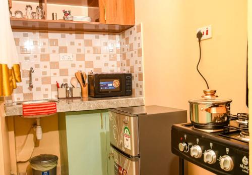 ナイバシャにあるHaven Homes Apartmentsのコンロと電子レンジのある小さなキッチン