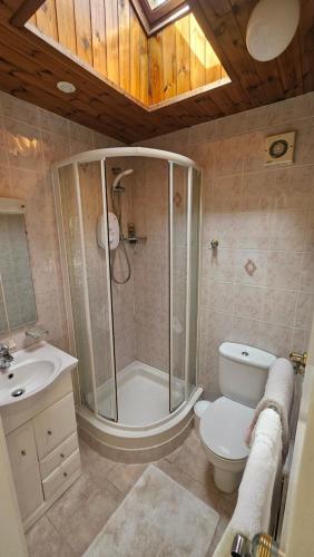 a bathroom with a shower and a toilet and a sink at Studio Flat - 5 mins from Manchester Airport in Baguley