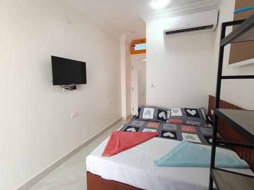 a bedroom with a bed with a flat screen tv on the wall at New El Amin Guesthouse in Aswan
