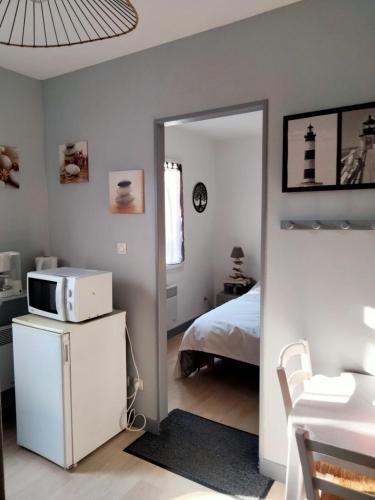 a bedroom with a bed and a microwave on a refrigerator at la berguerie in Dolus-d'Oléron