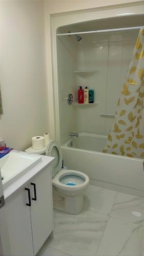 a white bathroom with a toilet and a bath tub at Home away from Home in Riverview