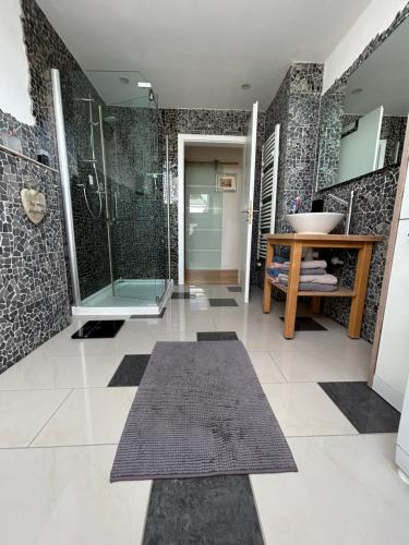 a bathroom with a shower and a sink at FerienLoft Eifeel Good - Natururlaub in Monschau in Monschau