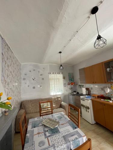 a living room with a table and a kitchen at Rifugio nel cuore dell'Abruzzo in Carpineto Sinello