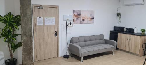 a living room with a couch next to a door at NS Bolaños in Bolaños de Calatrava
