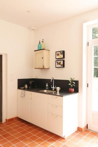 a kitchen with white cabinets and a sink at House Nestled in the Forest in Vieux-Viel