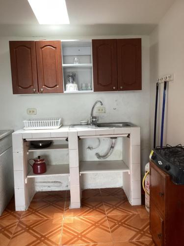a kitchen with a sink and wooden cabinets at Manizales premium stay in Manizales