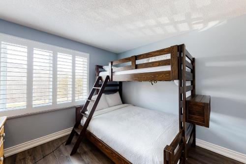 a bunk bed in a room with blue walls and windows at Wintergreen 223 in Blue Mountains