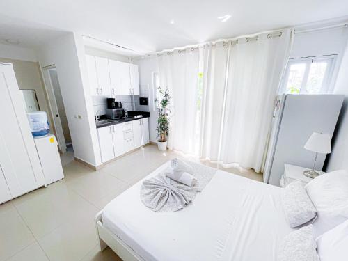 a white room with a bed and a kitchen at Caribbean Mojito Studios HOTEL WiFi Los Corales BEACH CLUB & SPA in Punta Cana