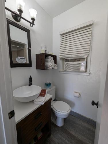 a bathroom with a sink and a toilet and a mirror at Squaw Valley Motel Room 5 in Squaw Valley
