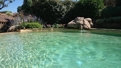 una gran piscina de agua con una fuente en un patio en Casa di Sognu, en Porto Vecchio