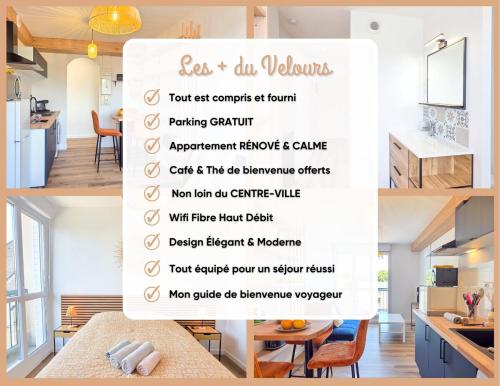 a collage of photos of a kitchen with a menu at Le Velours, Cosy & Raffiné avec Parking in Saint-Brieuc