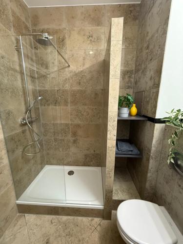 a shower stall with a toilet in a bathroom at Wohnung in Leipzig in Leipzig