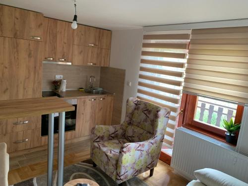 a living room with a chair and a kitchen at Apartman Mira in Kremna